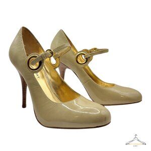 B. Makowsky Tan Patent Leather Mary Jane Pumps